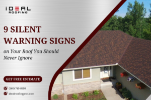 A higlighted image of a residential roof with a caption "9 Silent Warning Signs"