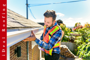 A man in a blue plaid shirt and safety vest inspects a gutter on a sunny day. The scene is outdoors with autumn foliage. Text reads "iDeal Roofing."