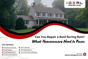 Promotional image of two-story home with Ideal Roofing services highlighting roof repair during rain for homeowners