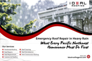 Rain pours over a roof in a lush area. Text: “Emergency Roof Repair in Heavy Rain: What Every Pacific Northwest Homeowner Must Do First.” Services listed include residential and commercial roofing and emergency roof repair. Contact info for iDeal Roofing provided.