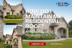 Image of a brick house with a well-maintained roof and lush garden, overlaid with text: 'How Do I Maintain My Residential Roof? A Practical Guide for Homeowners. Contact Us.' Ideal Roofing logo and website included.