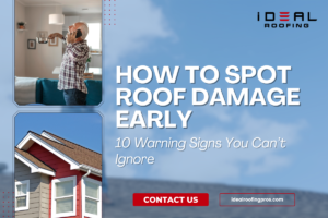 Image promoting roof damage awareness featuring a concerned person on the phone and a house with visible roof. Text: 'How to Spot Roof Damage Early: 10 Warning Signs You Can’t Ignore.' Includes contact information for Ideal Roofing.