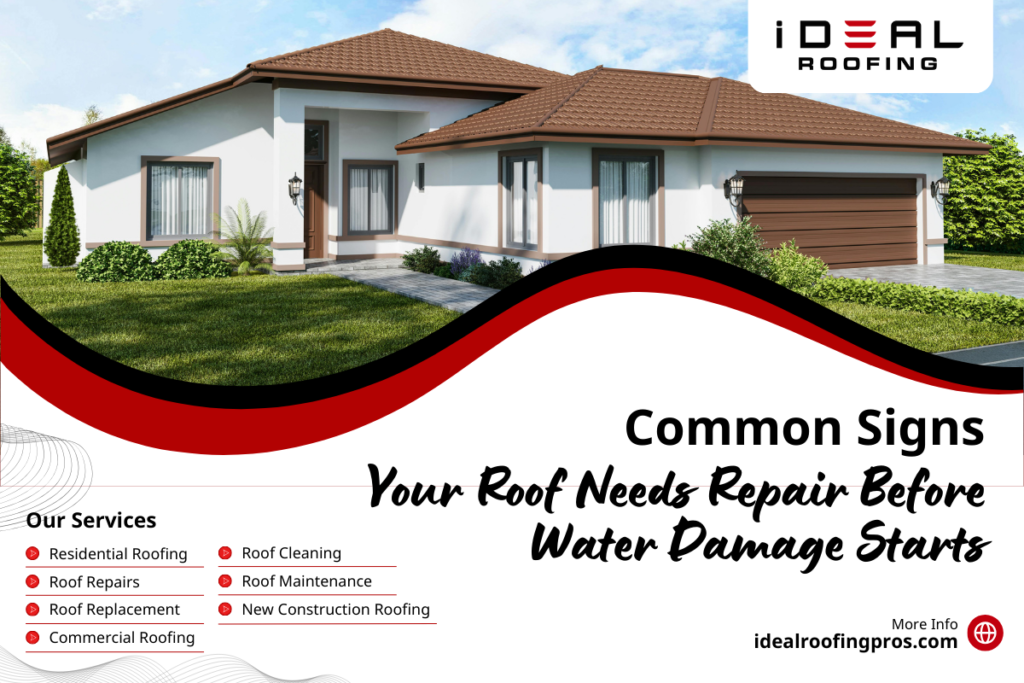 Modern house with brown roof, greenery, and driveway. Text highlights roofing services and signs of roof repair needs. Logo: "iDEAL ROOFING".