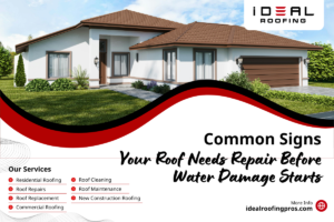 Modern house with brown roof, greenery, and driveway. Text highlights roofing services and signs of roof repair needs. Logo: "iDEAL ROOFING".