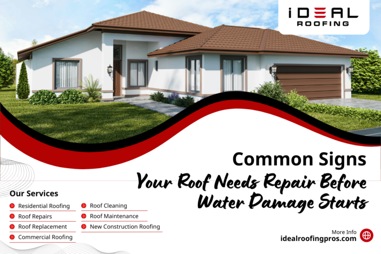 Modern house with brown roof, greenery, and driveway. Text highlights roofing services and signs of roof repair needs. Logo: "iDEAL ROOFING".