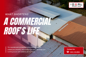 Aerial view of metal warehouse roofing; ignoring rust or debris shortens a commercial roof's life quickly.