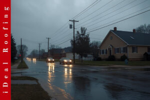 Rainy suburban street at dusk with Ideal Roofing banner promoting roof repair during rain services