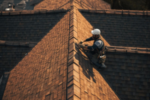Roofer wearing a white hard hat and safety harness