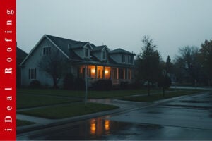 Suburban house at dusk with wet pavement and Ideal Roofing sign promoting roof repair during rain