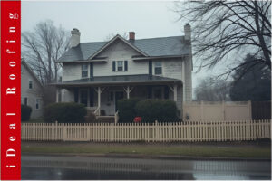 Suburban home with metal roof and Ideal Roofing banner advertising roof repair during rain
