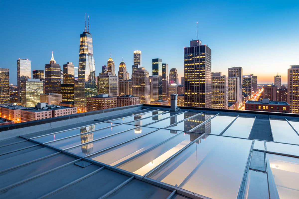 panoramic view of a city skyline at dusk, taken from a rooftop