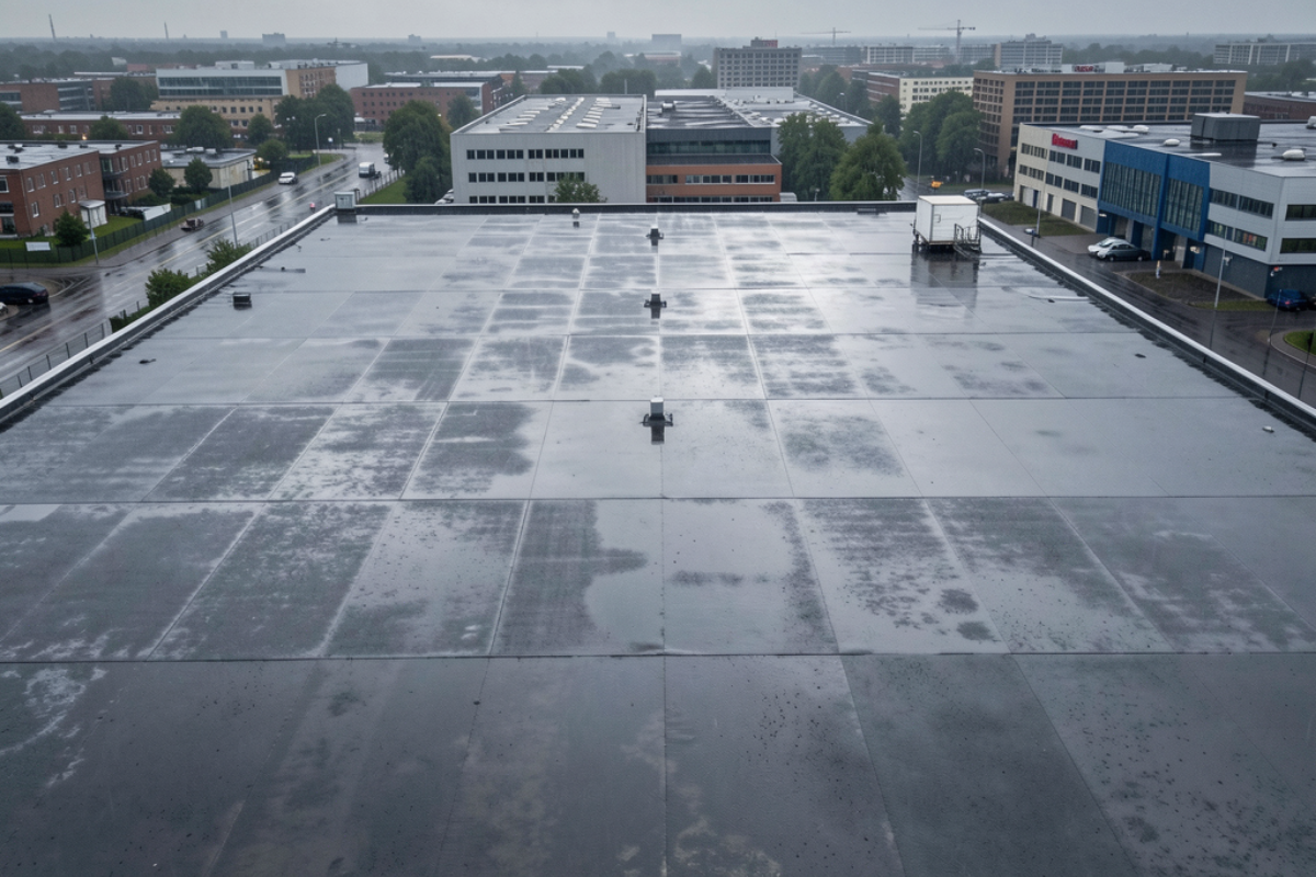 wide, flat, dark roof