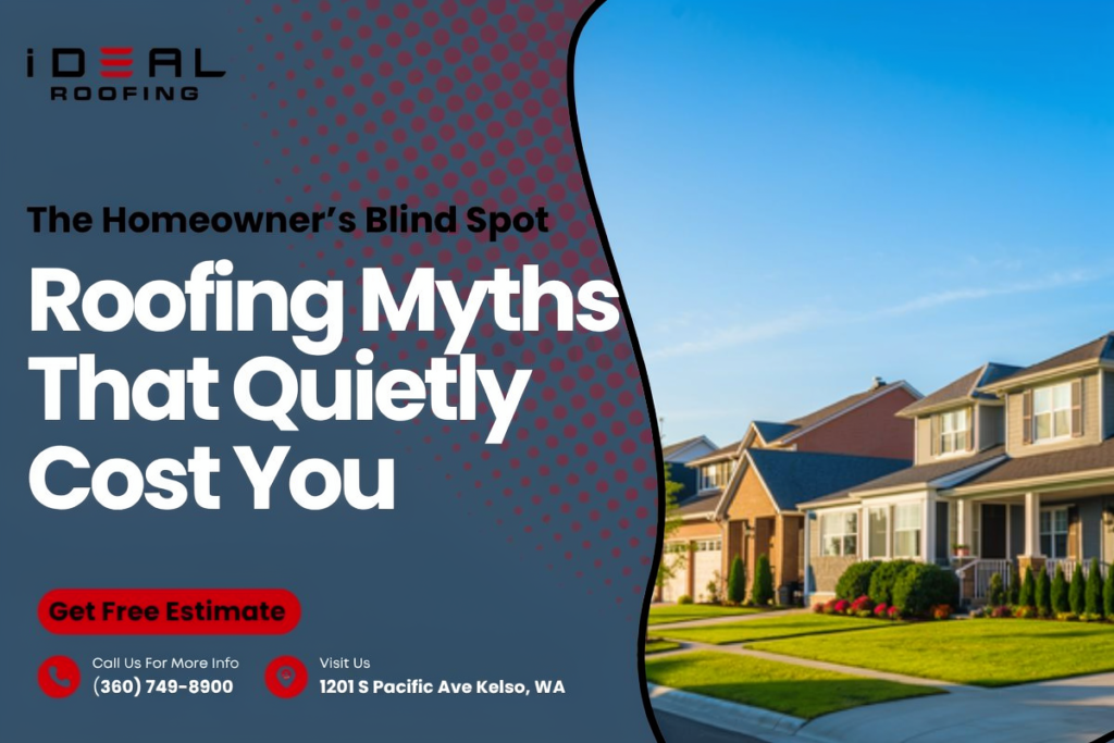 Promotional graphic for iDeal Roofing titled "Roofing Myths That Quietly Cost You" featuring a row of suburban houses.