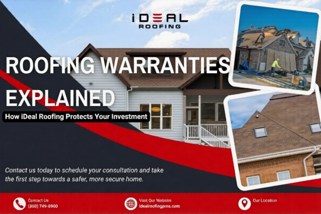 Promotional graphic for iDeal Roofing titled roofing warranties explained.
