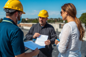Contractors discussing official paperwork with a client, demonstrating roofing warranties explained.