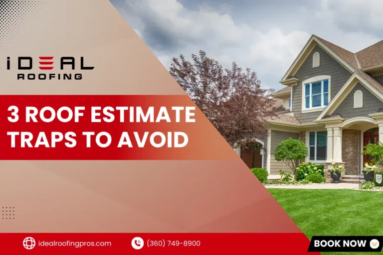 An Ideal Roofing blog cover titled "3 Roof Estimate Traps to Avoid" featuring a large suburban house with brown shingle roofing and a manicured green lawn