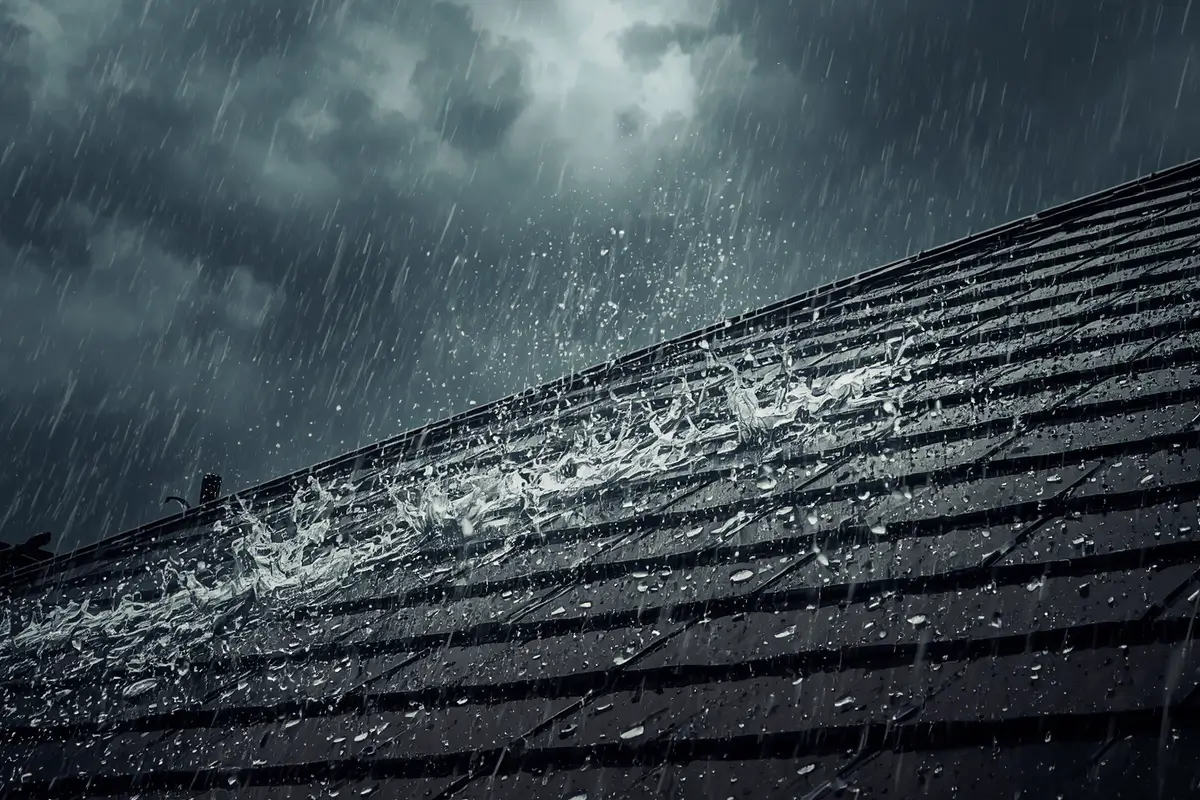 Heavy rain pouring down and splashing violently on a dark-shingled residential roof during a severe storm