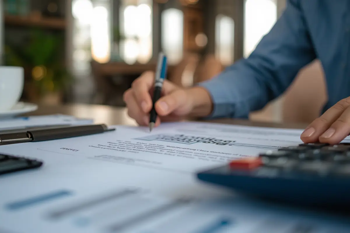 A person in a blue shirt uses a calculator and pen to review financial documents at a desk with a coffee cup