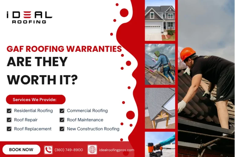 An Ideal Roofing blog cover titled "GAF Roofing Warranties Are They Worth It?" displaying a list of services like residential roofing, commercial roofing, repairs, and replacements next to photos of active roof construction.