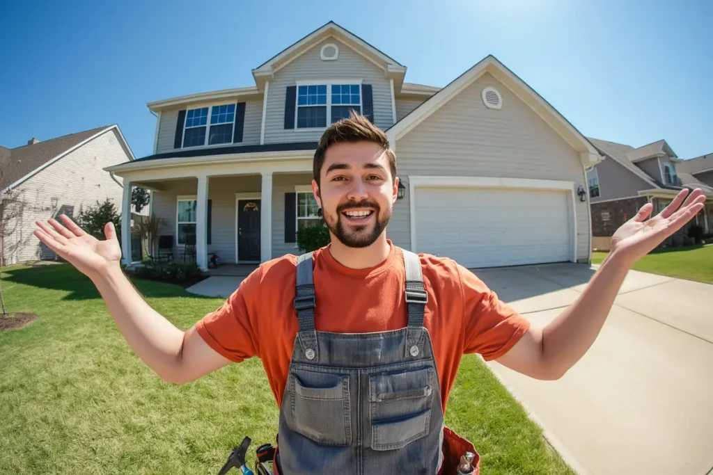 A smiling roofer in overalls stands in front of a suburban house with arms outstretched.