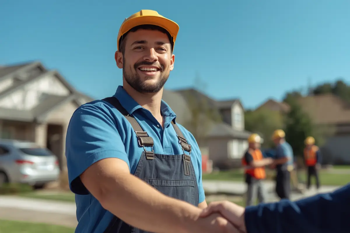 A smiling roofing contractor wearing a yellow hard hat and blue collared shirt shaking hands with a client outside in a residential neighborhood