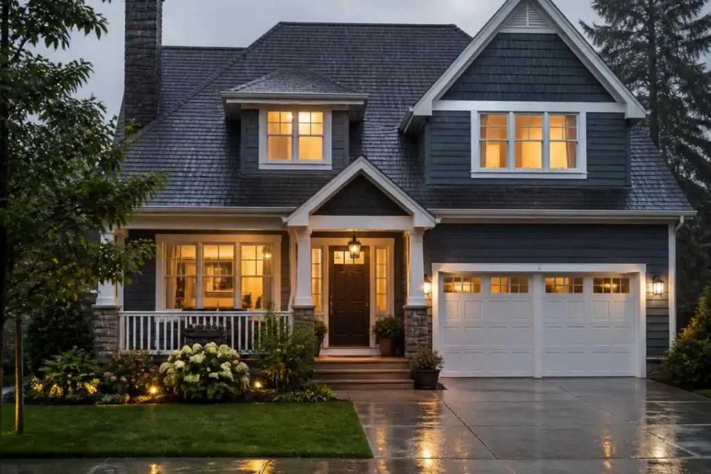 A beautiful, dark-sided Pacific Northwest home with a durable, wet asphalt shingle roof, glowing warm interior lights, and a wet concrete driveway during a rainstorm.
