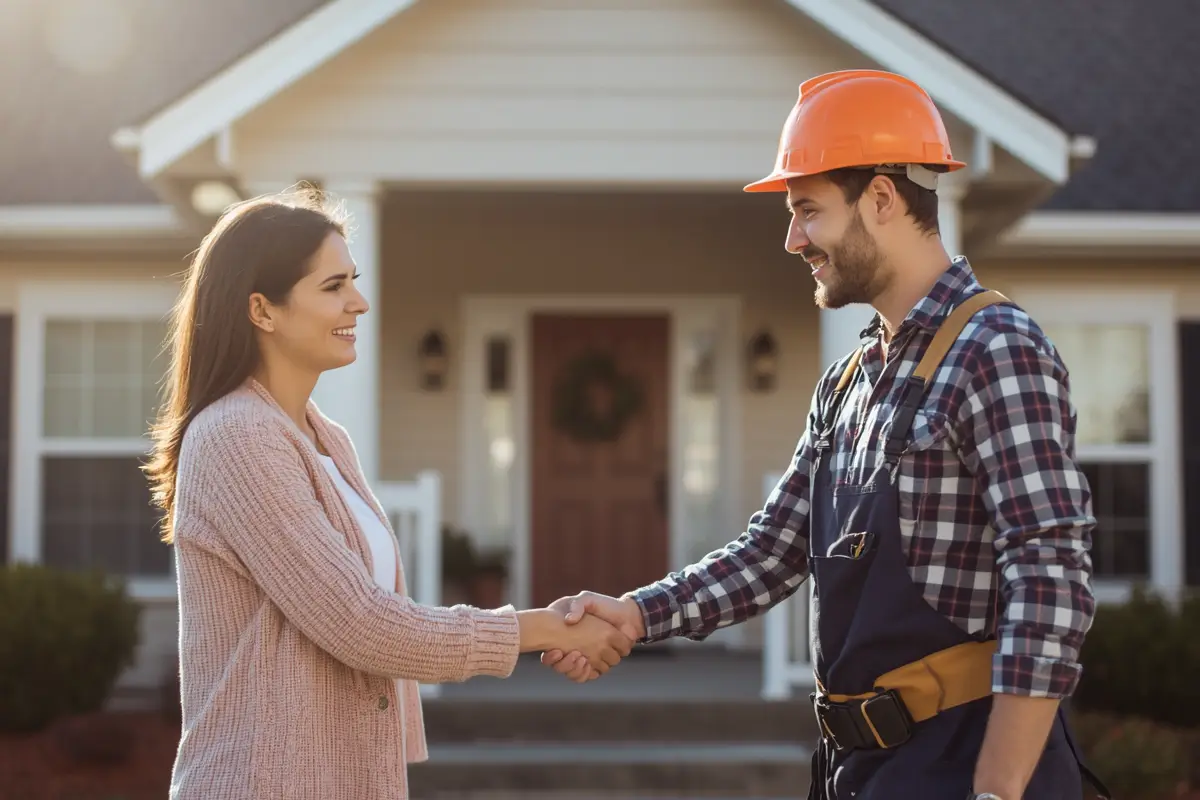 A homeowner shakes hands with a construction worker in front of a house