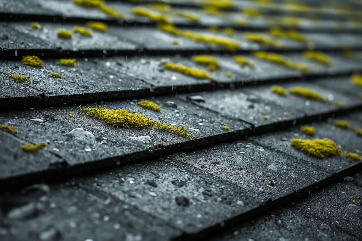 Close-up of green moss growing on wet, dark gray asphalt roof shingles during a rainstorm, indicating a need for roof cleaning or repair