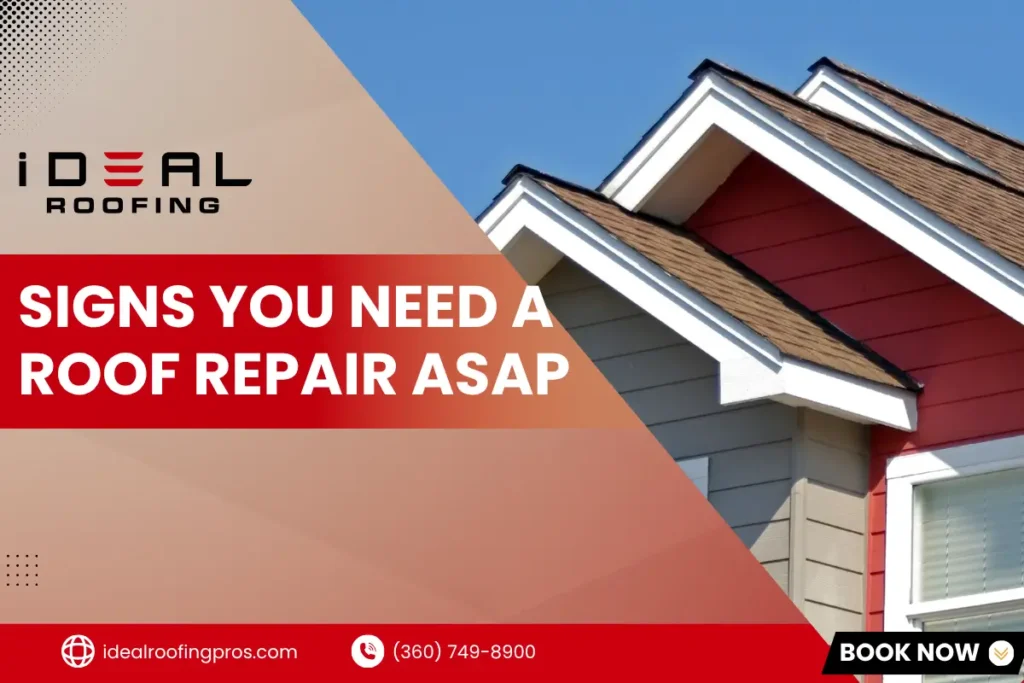 close-up of a house roof with red and gray siding against a blue sky, overlaid with the text "Signs You Need a Roof Repair ASAP"