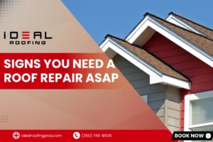 close-up of a house roof with red and gray siding against a blue sky, overlaid with the text "Signs You Need a Roof Repair ASAP"