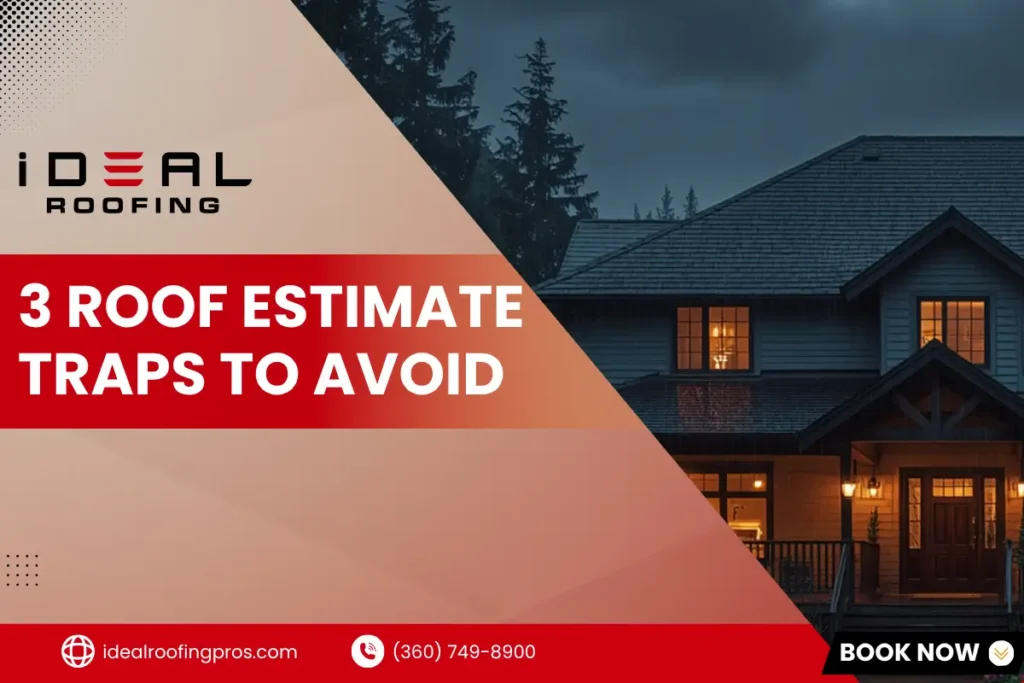 iDeal Roofing banner graphic featuring text reading "3 Roof Estimate Traps to Avoid" with a house background