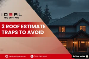 iDeal Roofing banner graphic featuring text reading "3 Roof Estimate Traps to Avoid" with a house background