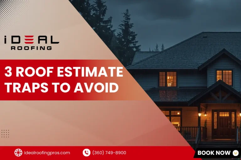 iDeal Roofing banner graphic featuring text reading "3 Roof Estimate Traps to Avoid" with a house background