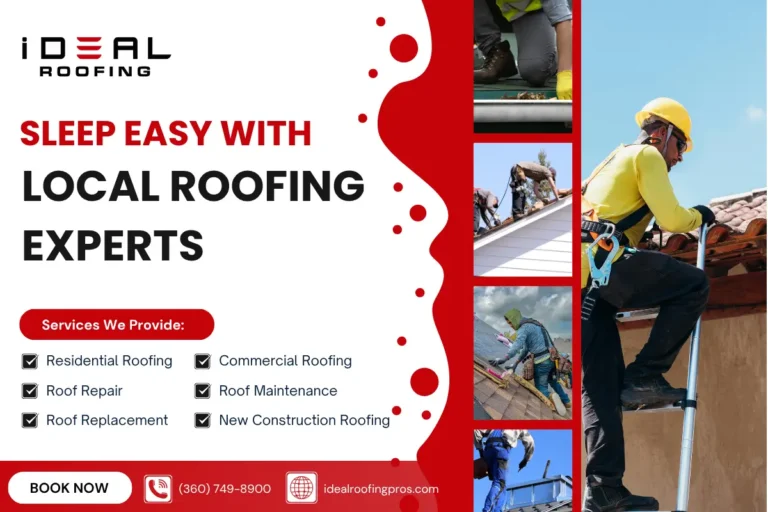 Ideal Roofing promotional banner titled "Sleep Easy with Local Roofing Experts" listing residential, commercial, repair, maintenance, replacement, and new construction services alongside photos of contractors working safely on roofs