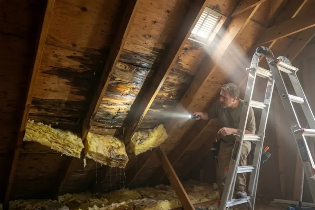 Roofer inspecting a water-damaged wooden roof structure inside an attic using a flashlight.