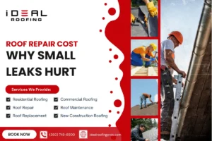 Ideal Roofing banner highlighting roof repair costs, services, and booking contact details.