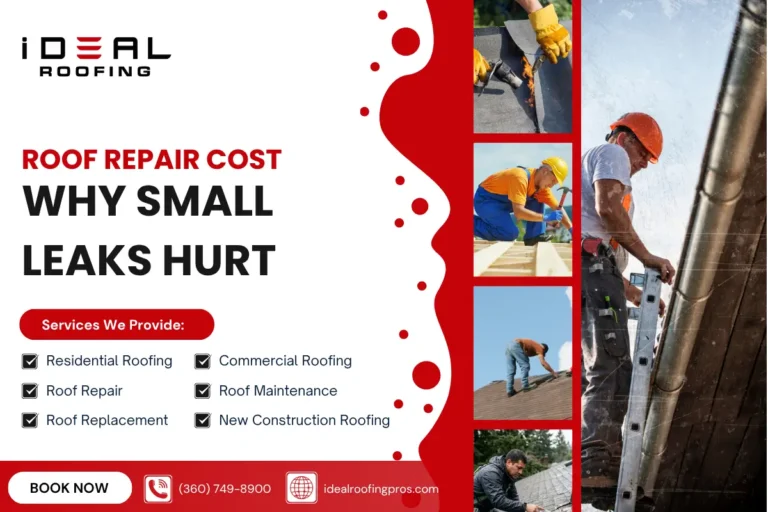 Ideal Roofing banner highlighting roof repair costs, services, and booking contact details.