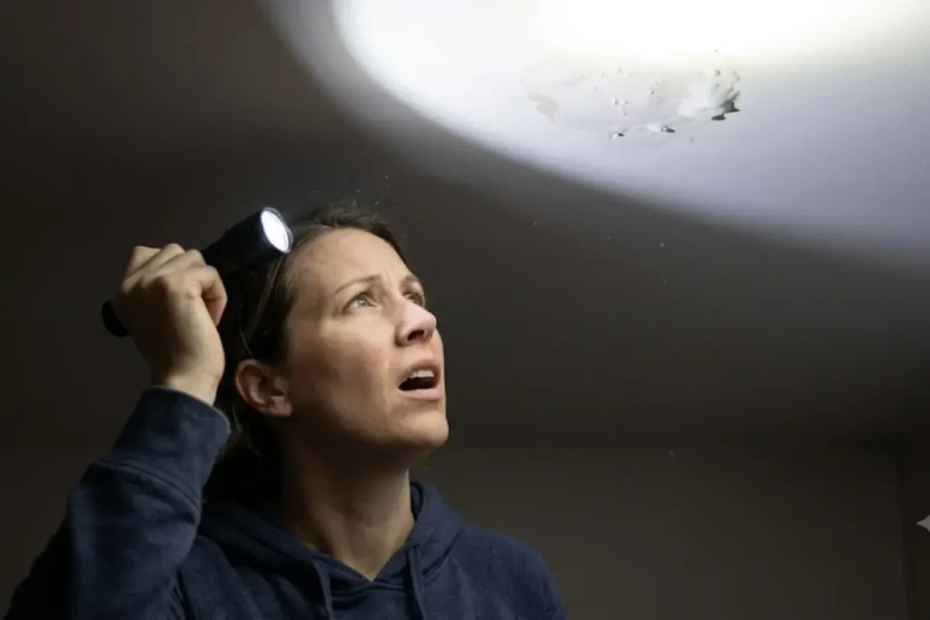 A concerned female homeowner shining a flashlight on an active water leak and bubbling water damage on her ceiling, highlighting a roof leak hazard.