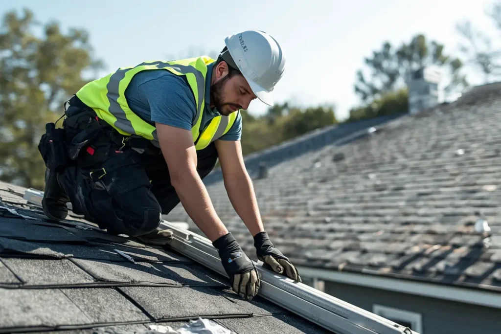 A professional roofing contractor wearing a white hard hat, safety vest, and protective gloves kneeling to inspect or install shingles on a residential house roof.