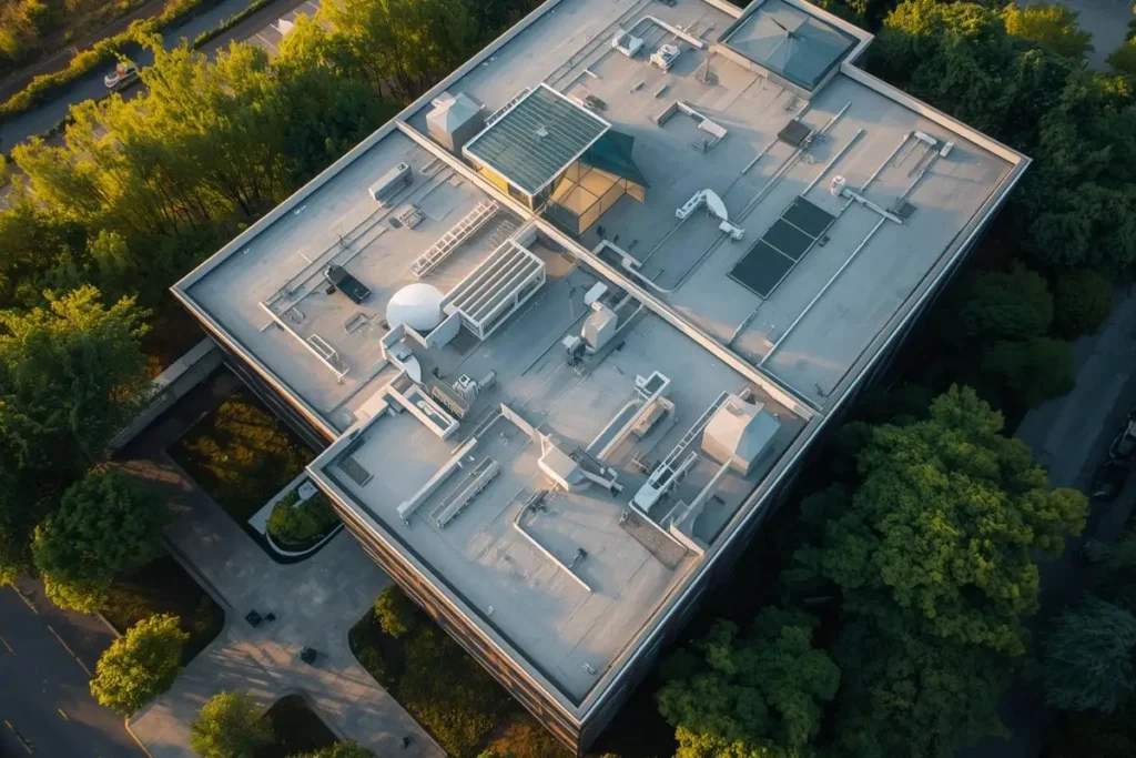 Aerial view of a modern office building with a flat roof and HVAC equipment