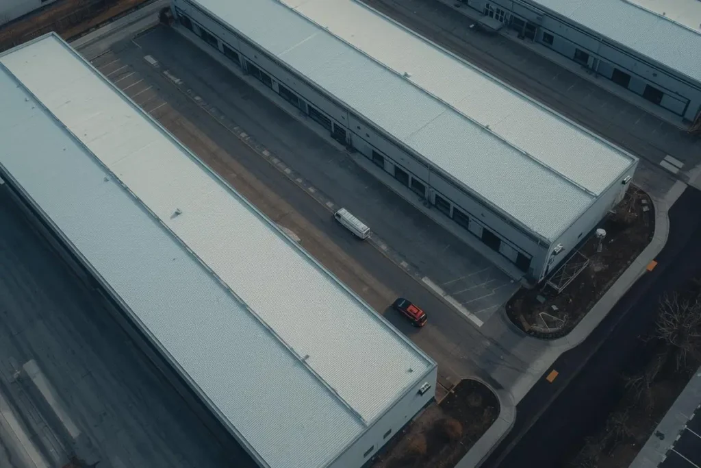 Aerial view of long industrial warehouse buildings with silver roofs