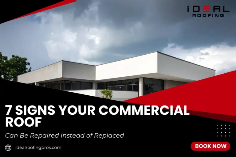 Commercial building exterior with flat roof and Ideal Roofing promotional graphic