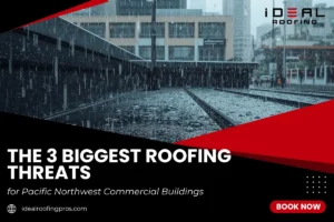 Heavy rain falling on a commercial flat roof with Ideal Roofing promotional graphic