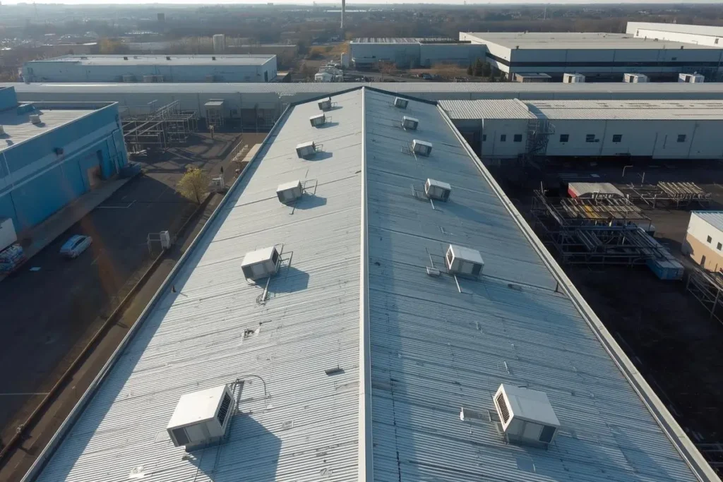 Aerial view of a large industrial building with a pitched metal roof and HVAC units