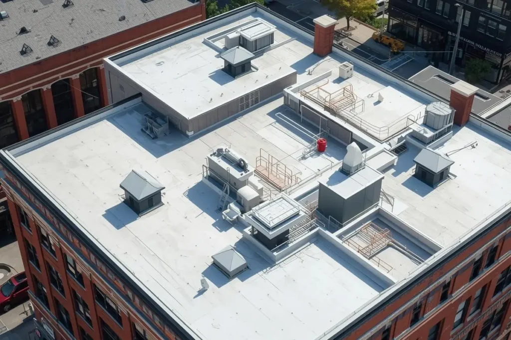 Aerial view of brick urban buildings with white flat membrane rooftops