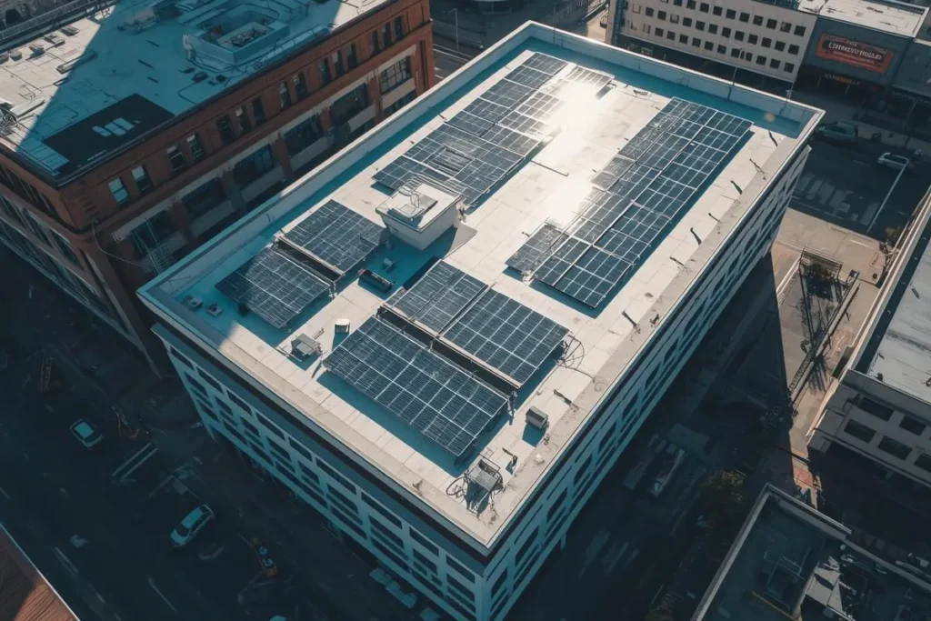Aerial view of a commercial building with solar panels installed on its rooftop