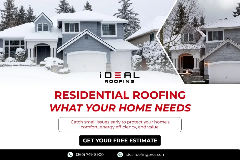 A snow-covered suburban house alongside a winter home scene.