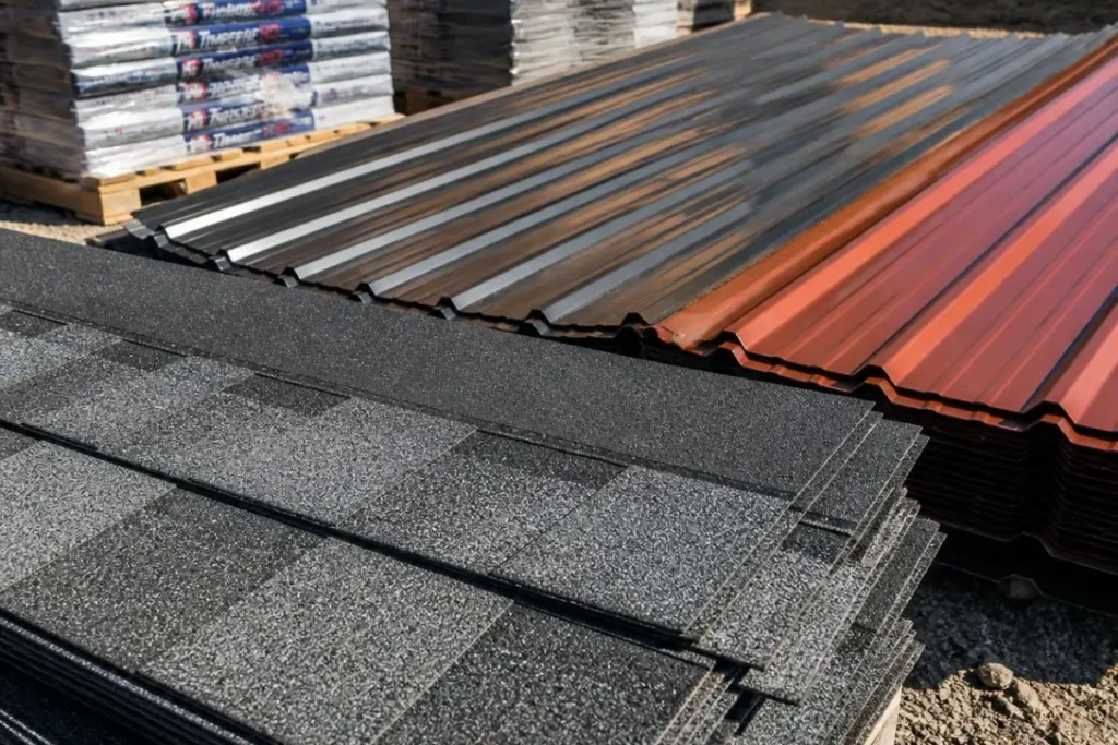 Stacks of roofing supplies including black asphalt architectural shingles, dark grey metal panels, and red corrugated metal roofing sheets.