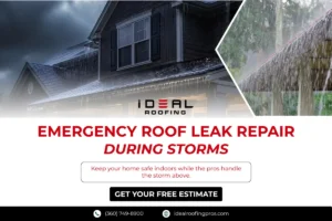 Heavy rainfall pouring over a residential roof surface.