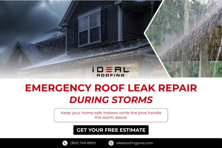 Heavy rainfall pouring over a residential roof surface.